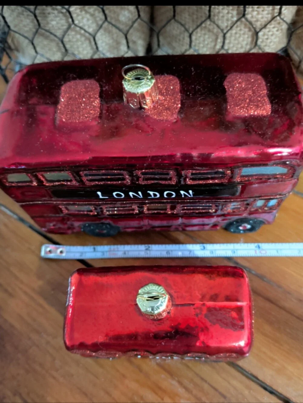 Glass Christmas Tree Ornaments London Double Decker City Bus Set of 2